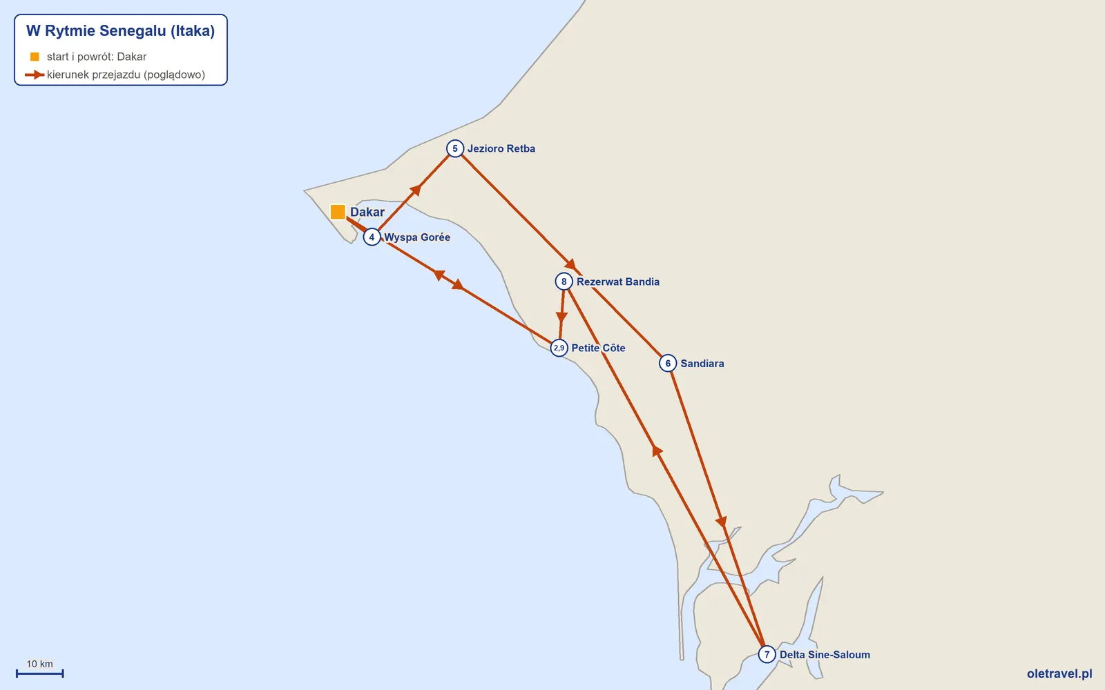 Mapa trasy wycieczki „W Rytmie Senegalu” z Itaką: Dakar – Petite Côte – Dakar – Wyspa Gorée – Jezioro Retba – Sandiara – Delta Sine-Saloum – Rezerwat Bandia – Petite Côte – Dakar