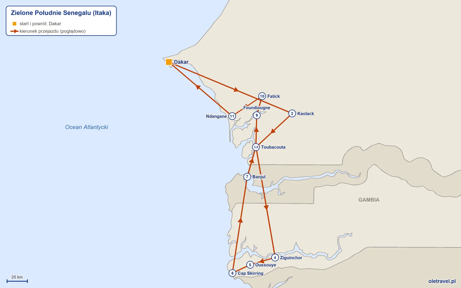 Mapa trasy wycieczki „Zielone Południe Senegalu” z Itaką: Dakar – Kaolack – Toubacouta – Ziguinchor – Oussouye – Cap Skirring – Banjul – Toubacouta – Foundiougne – Fatick – Ndangane – Dakar