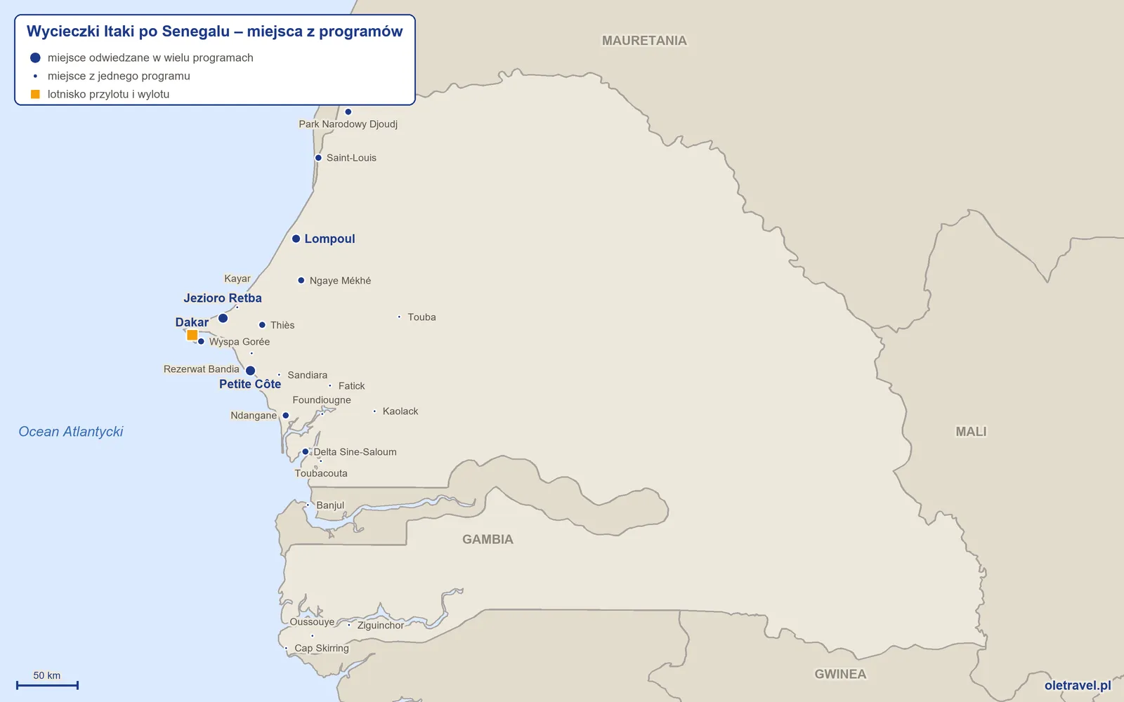 Mapa: Senegal z miejscami z programów wycieczek objazdowych Itaki