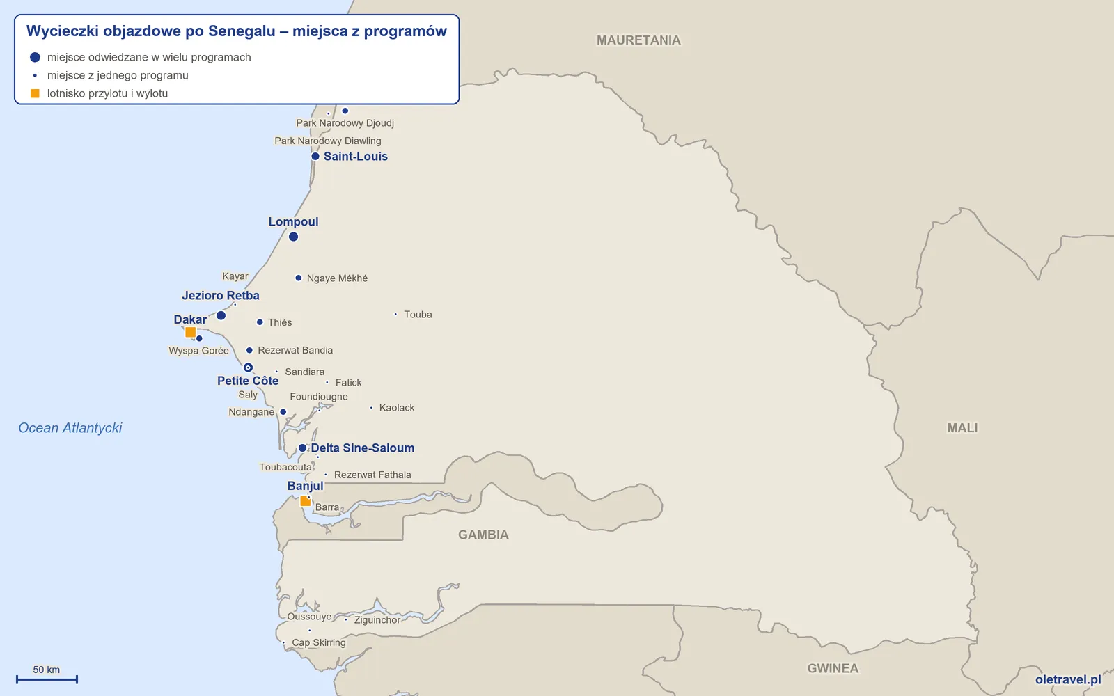 Mapa: Senegal z miejscami odwiedzanymi na wycieczkach objazdowych z naszej oferty