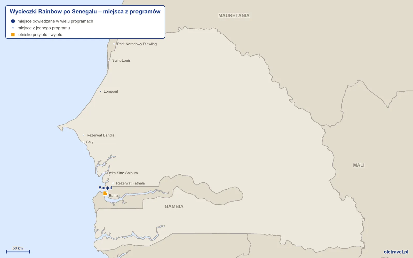 Mapa: Senegal z miejscami z programów wycieczek objazdowych Rainbow