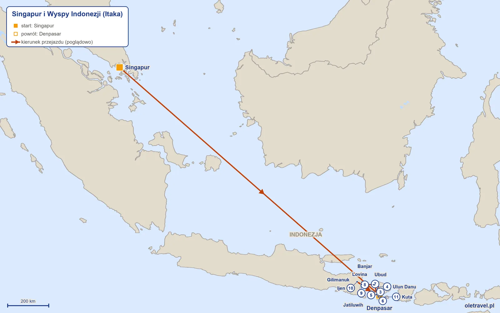 Mapa trasy wycieczki „Singapur i Wyspy Indonezji” z Itaką: Singapur – Denpasar – Ubud – Ulun Danu – Jatiluwih – Tanah Lot – Lovina – Banjar – Gilimanuk – Ijen – Kuta – Denpasar