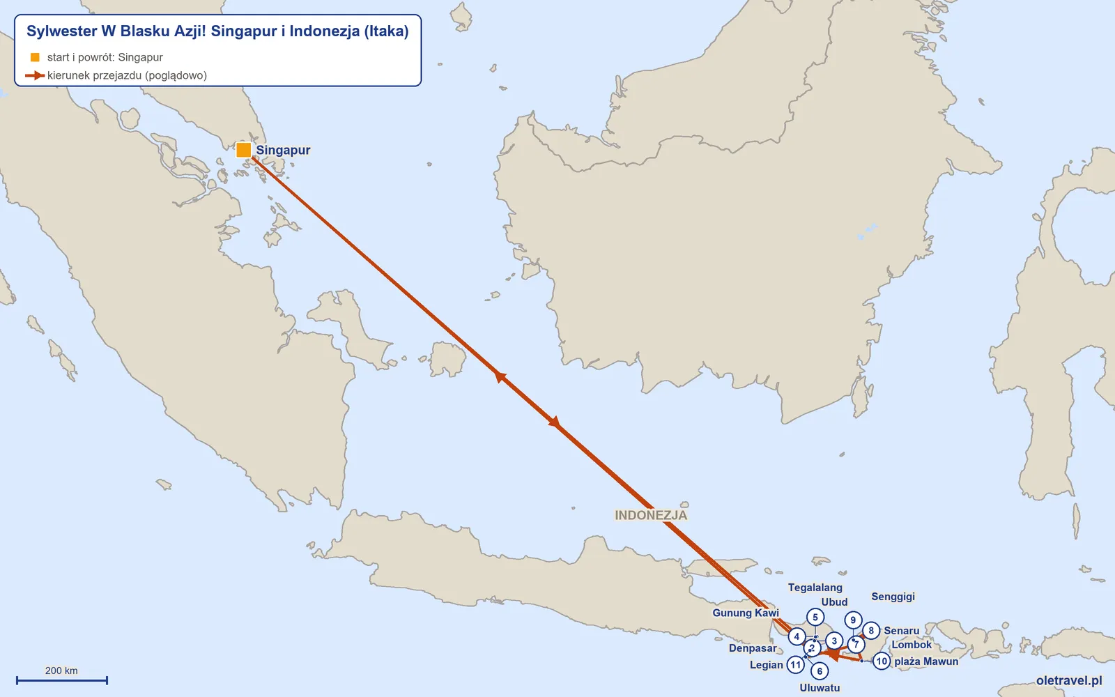 Mapa trasy wycieczki „Sylwester W Blasku Azji! Singapur i Indonezja” z Itaką: Singapur – Denpasar – Ubud – Gunung Kawi – Tegalalang – Uluwatu – Lombok – Senaru – Senggigi – plaża Mawun – Legian – Singapur