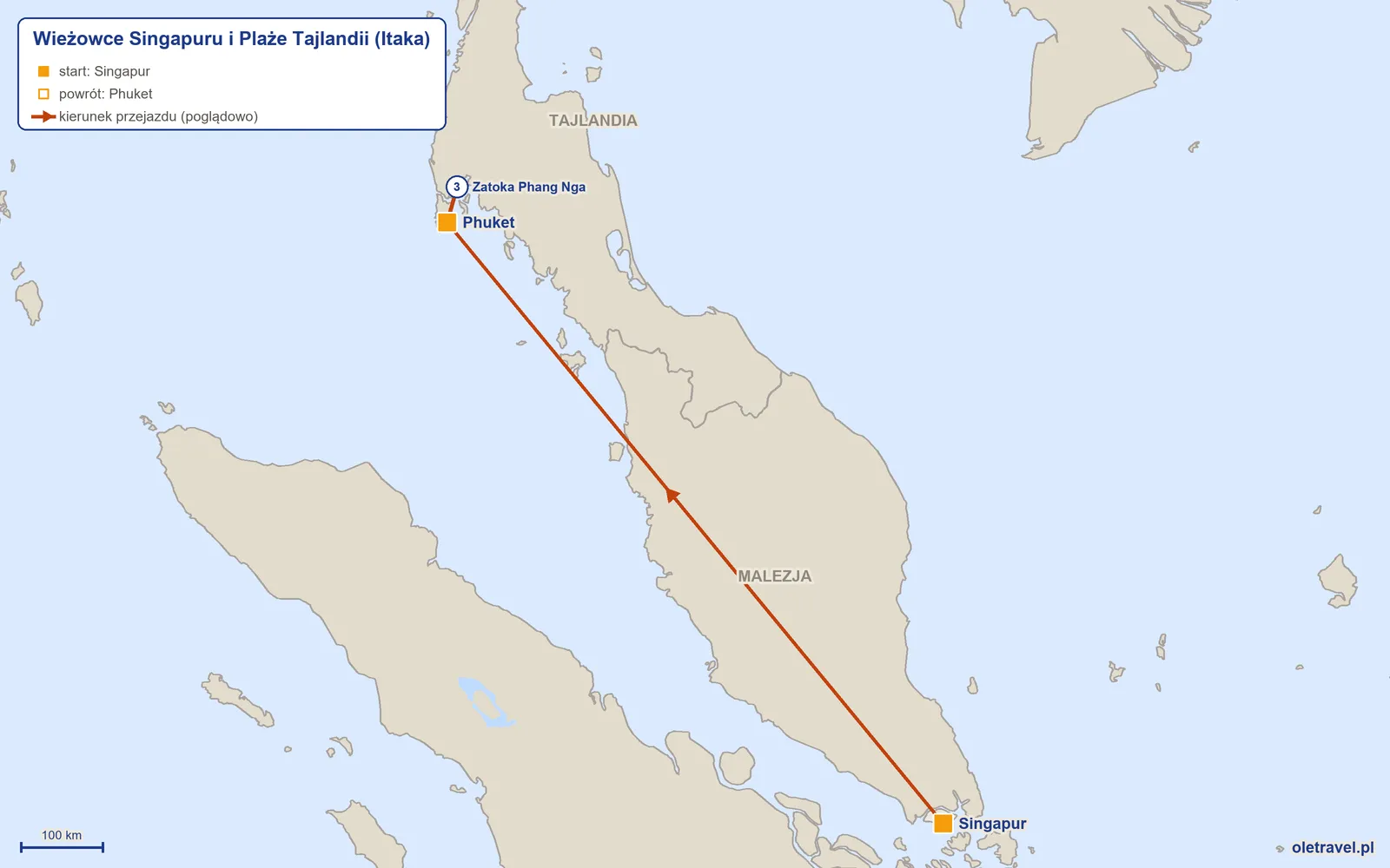 Mapa trasy wycieczki „Wieżowce Singapuru i Plaże Tajlandii” z Itaką: Singapur – Phuket – Zatoka Phang Nga – Phuket