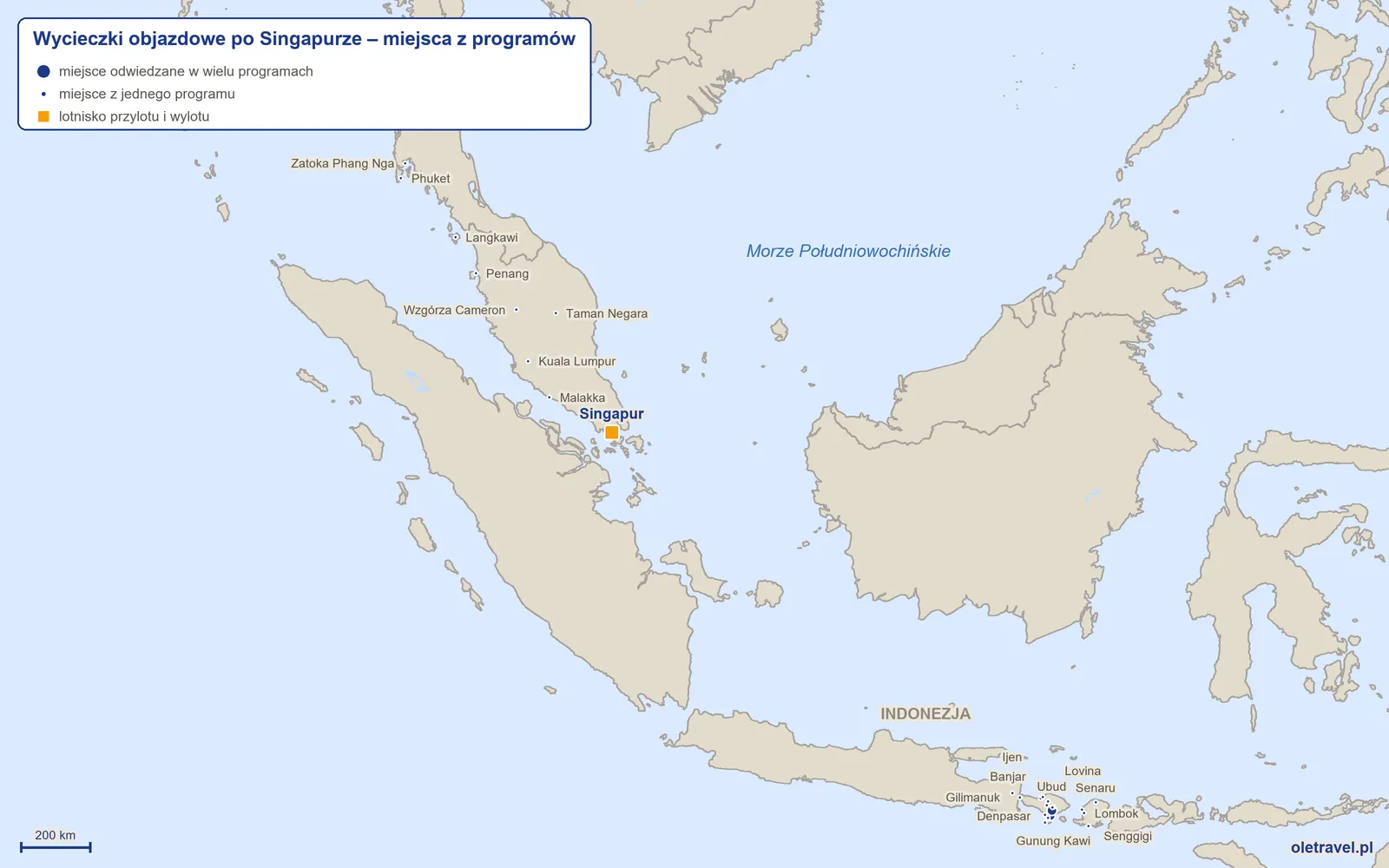 Mapa: Singapur z miejscami odwiedzanymi na wycieczkach objazdowych z naszej oferty