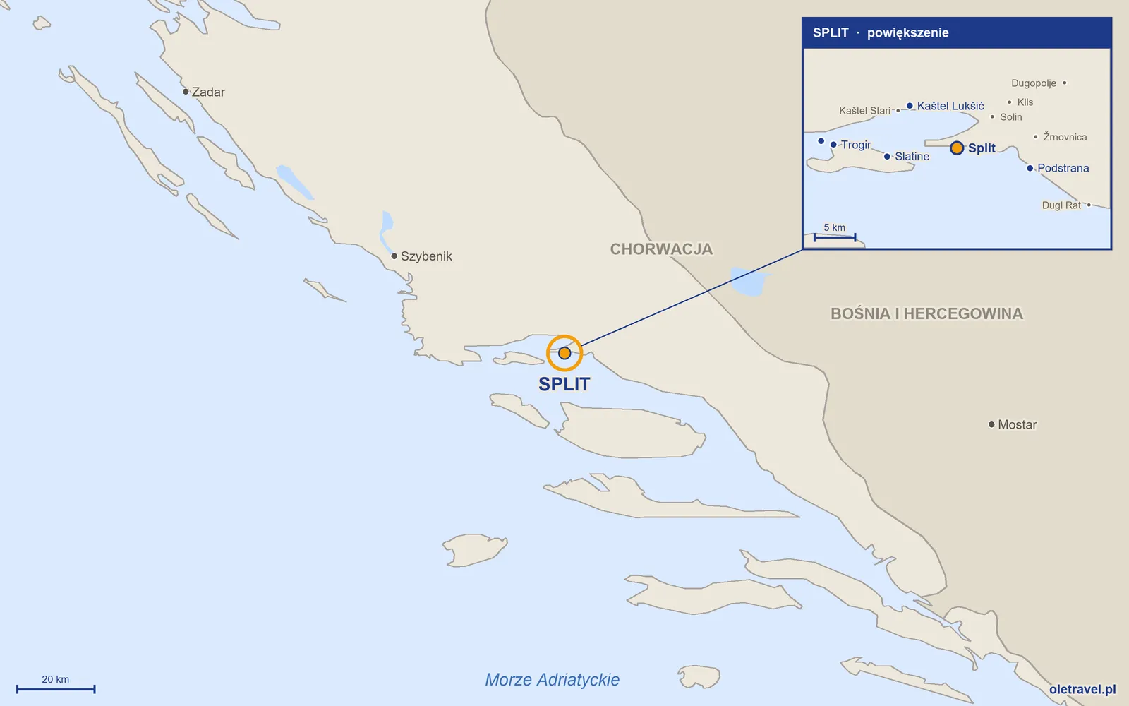Mapa Chorwacji z zaznaczonym położeniem: Split; w powiększeniu okolice z sąsiednimi miejscowościami
