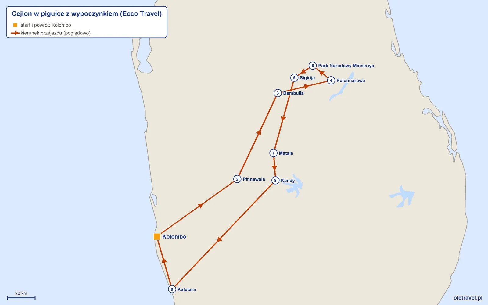 Mapa trasy wycieczki „Cejlon w pigułce z wypoczynkiem” z Ecco Travel: Kolombo – Pinnawala – Dambulla – Polonnaruwa – Park Narodowy Minneriya – Sigirija – Matale – Kandy – Kalutara – Kolombo
