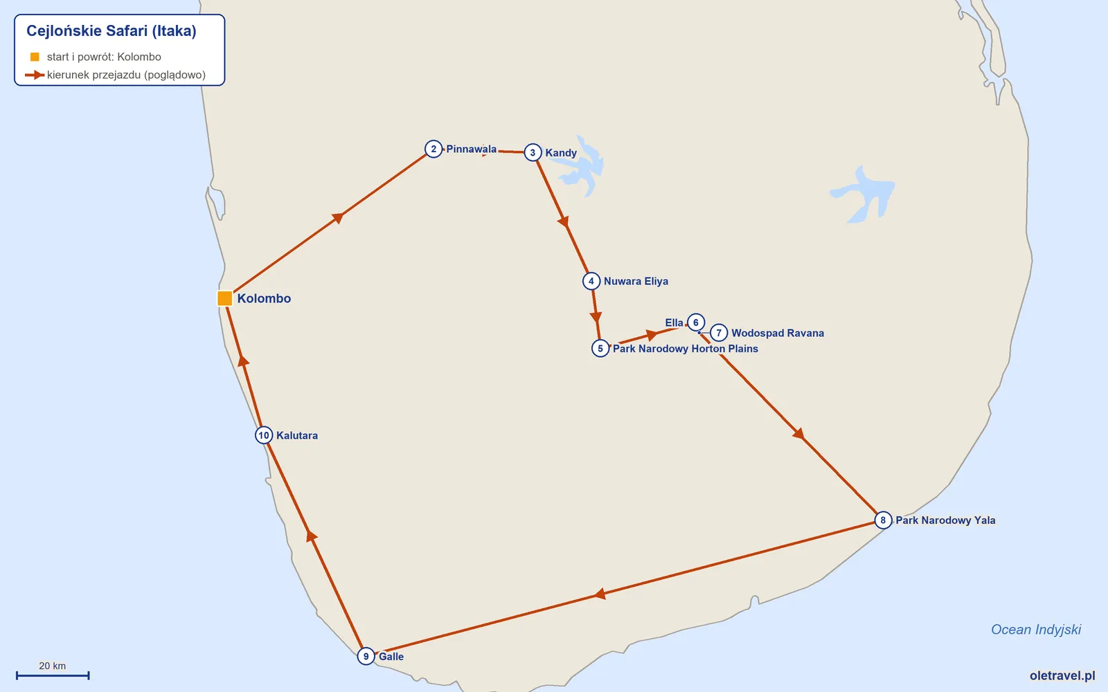 Mapa trasy wycieczki „Cejlońskie Safari” z Itaką: Kolombo – Pinnawala – Kandy – Nuwara Eliya – Park Narodowy Horton Plains – Ella – Wodospad Ravana – Park Narodowy Yala – Galle – Kalutara – Kolombo
