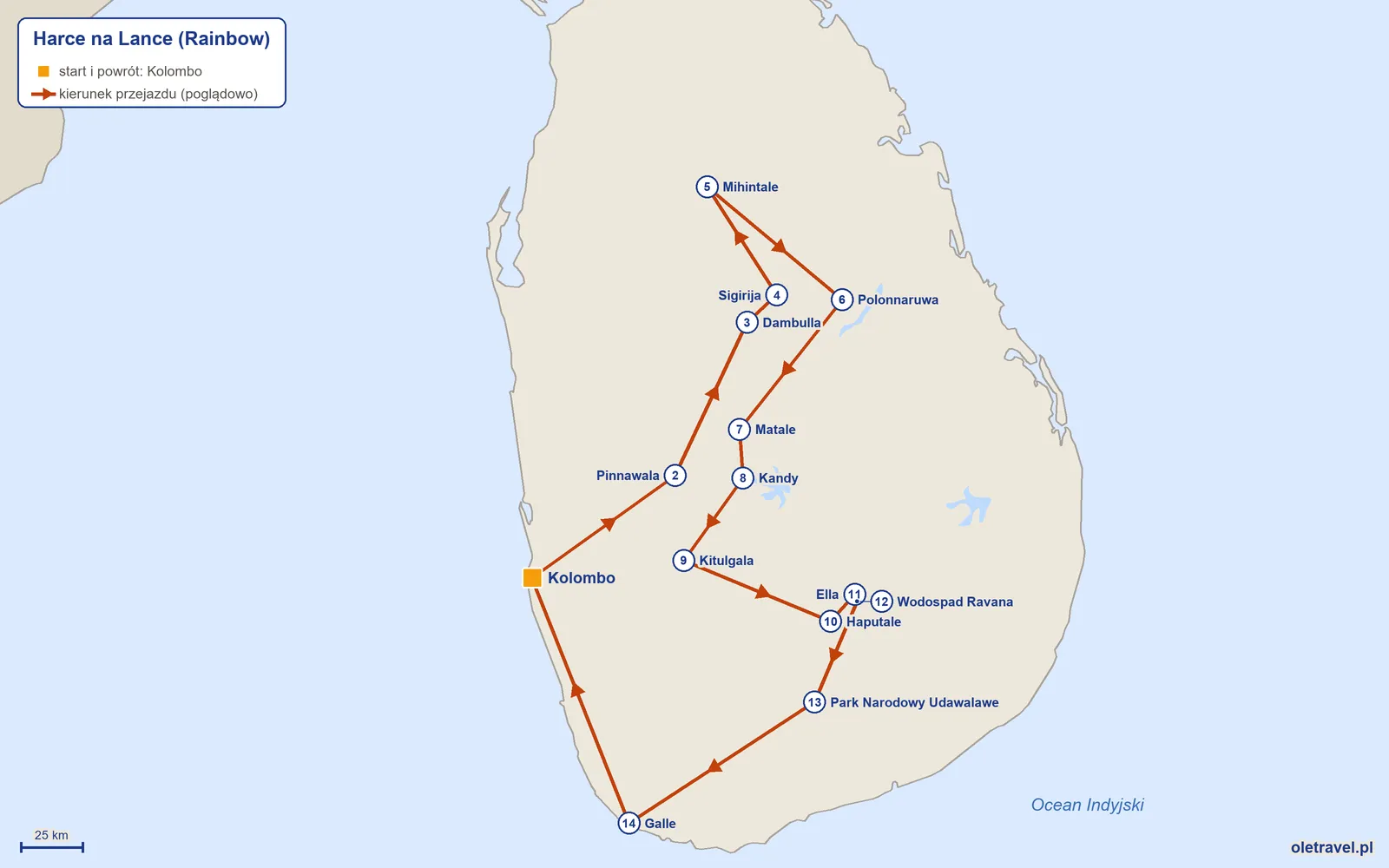 Mapa trasy wycieczki „Harce na Lance” z Rainbow: Kolombo – Pinnawala – Dambulla – Sigirija – Mihintale – Polonnaruwa – Matale – Kandy – Kitulgala – Haputale – Ella – Wodospad Ravana – Park Narodowy Udawalawe – Galle – Kolombo