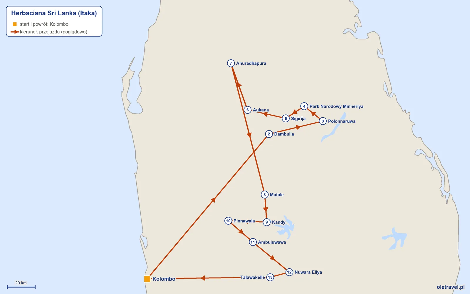 Mapa trasy wycieczki „Herbaciana Sri Lanka” z Itaką: Kolombo – Dambulla – Polonnaruwa – Park Narodowy Minneriya – Sigirija – Aukana – Anuradhapura – Matale – Kandy – Pinnawala – Ambuluwawa – Nuwara Eliya – Talawakelle – Kolombo