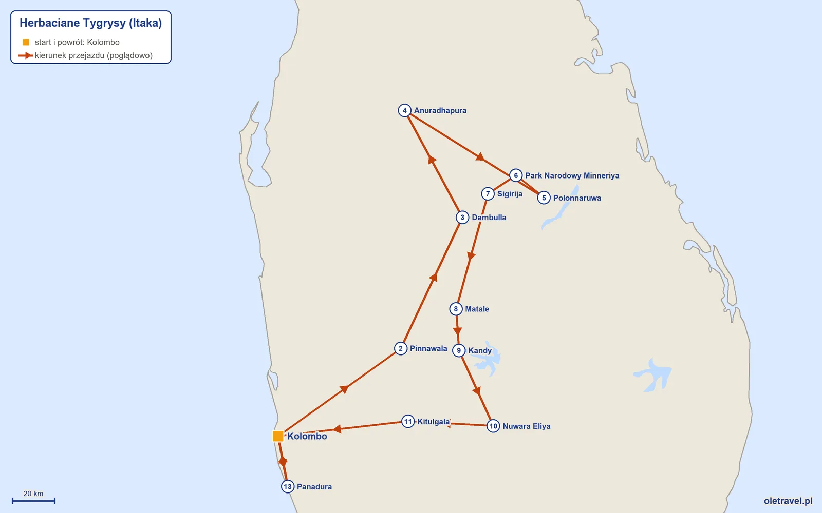 Mapa trasy wycieczki „Herbaciane Tygrysy” z Itaką: Kolombo – Pinnawala – Dambulla – Anuradhapura – Polonnaruwa – Park Narodowy Minneriya – Sigirija – Matale – Kandy – Nuwara Eliya – Kitulgala – Kolombo – Panadura – Kolombo