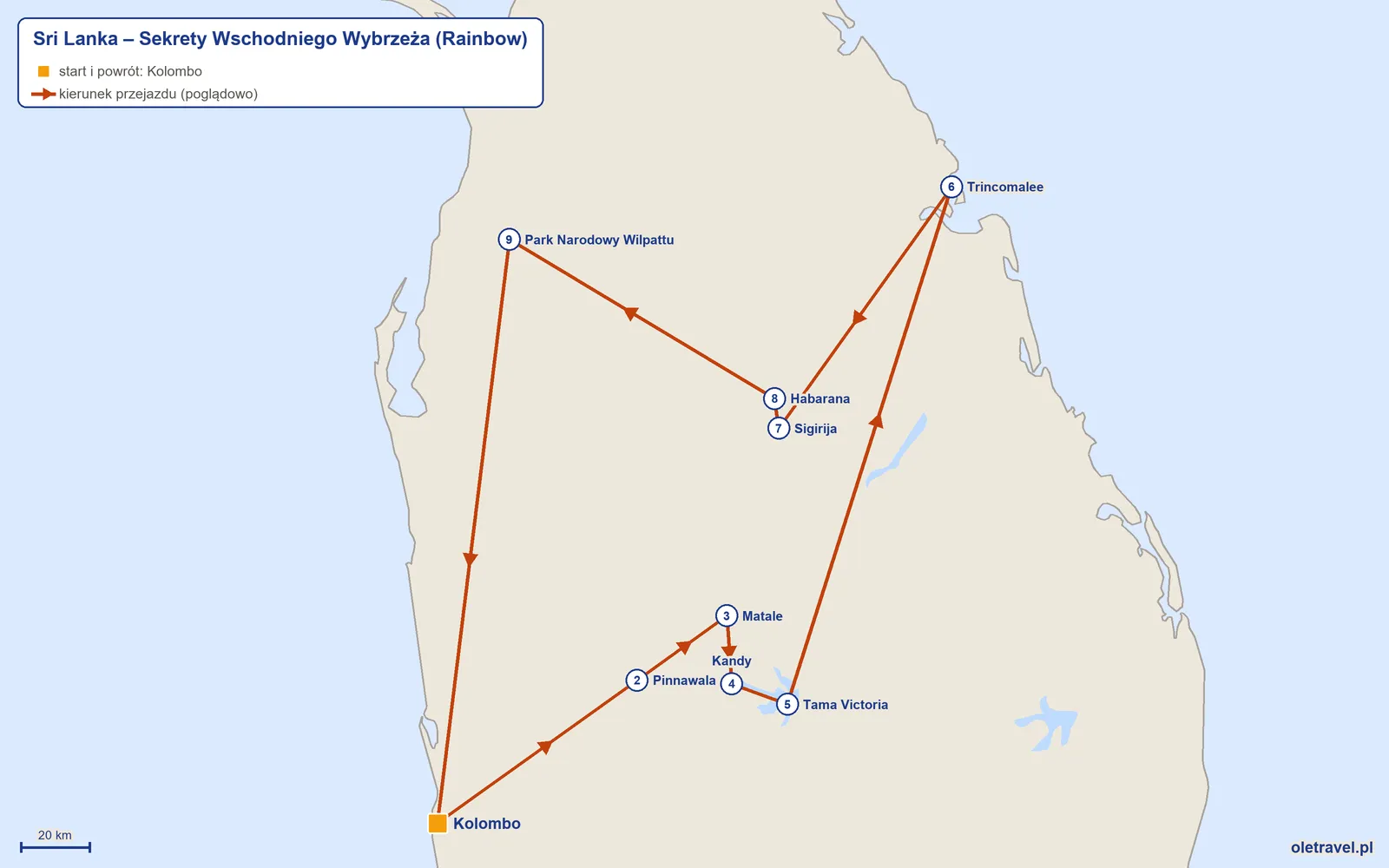 Mapa trasy wycieczki „Sri Lanka – Sekrety Wschodniego Wybrzeża” z Rainbow: Kolombo – Pinnawala – Matale – Kandy – Tama Victoria – Trincomalee – Sigirija – Habarana – Park Narodowy Wilpattu – Kolombo