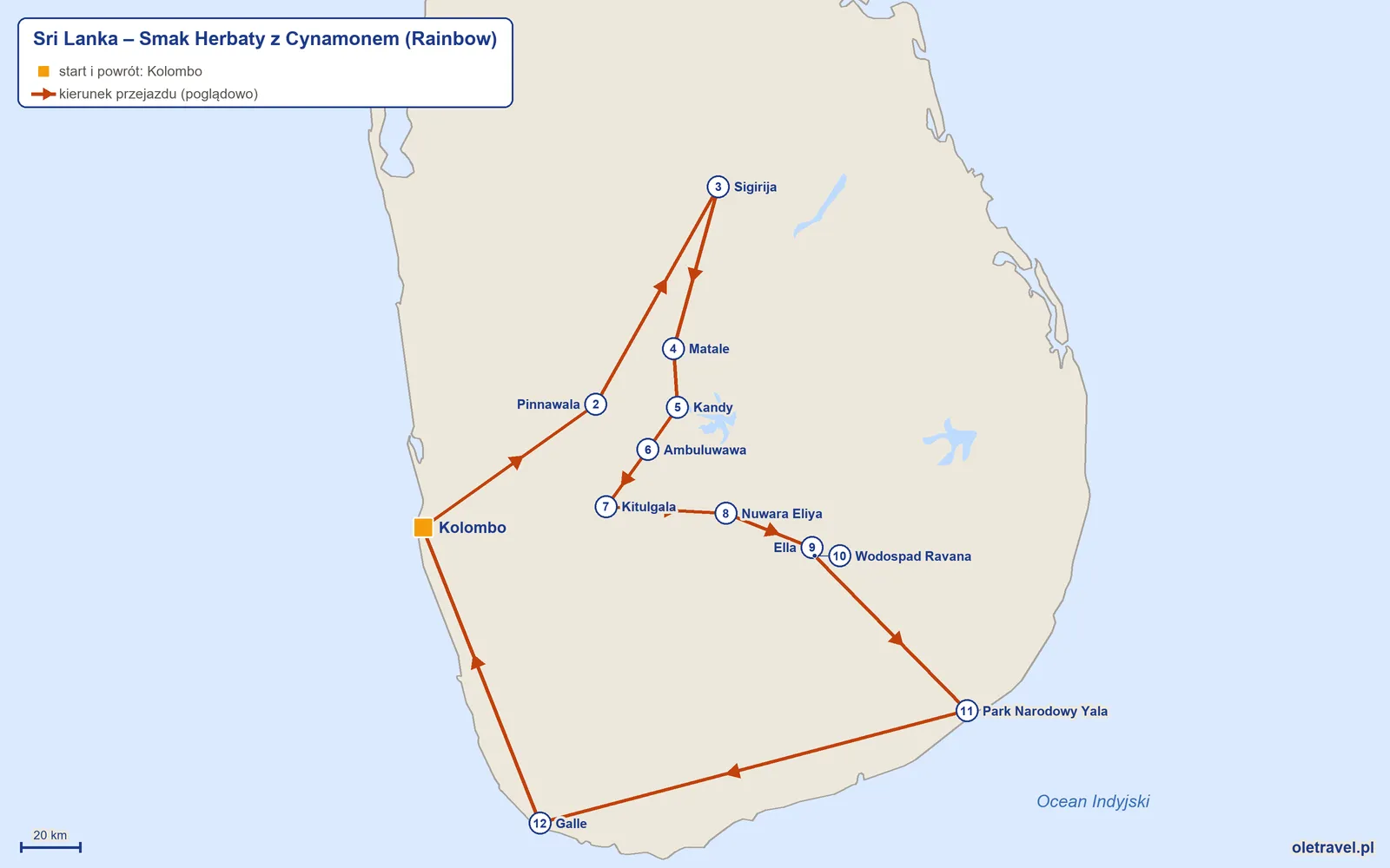 Mapa trasy wycieczki „Sri Lanka – Smak Herbaty z Cynamonem” z Rainbow: Kolombo – Pinnawala – Sigirija – Matale – Kandy – Ambuluwawa – Kitulgala – Nuwara Eliya – Ella – Wodospad Ravana – Park Narodowy Yala – Galle – Kolombo