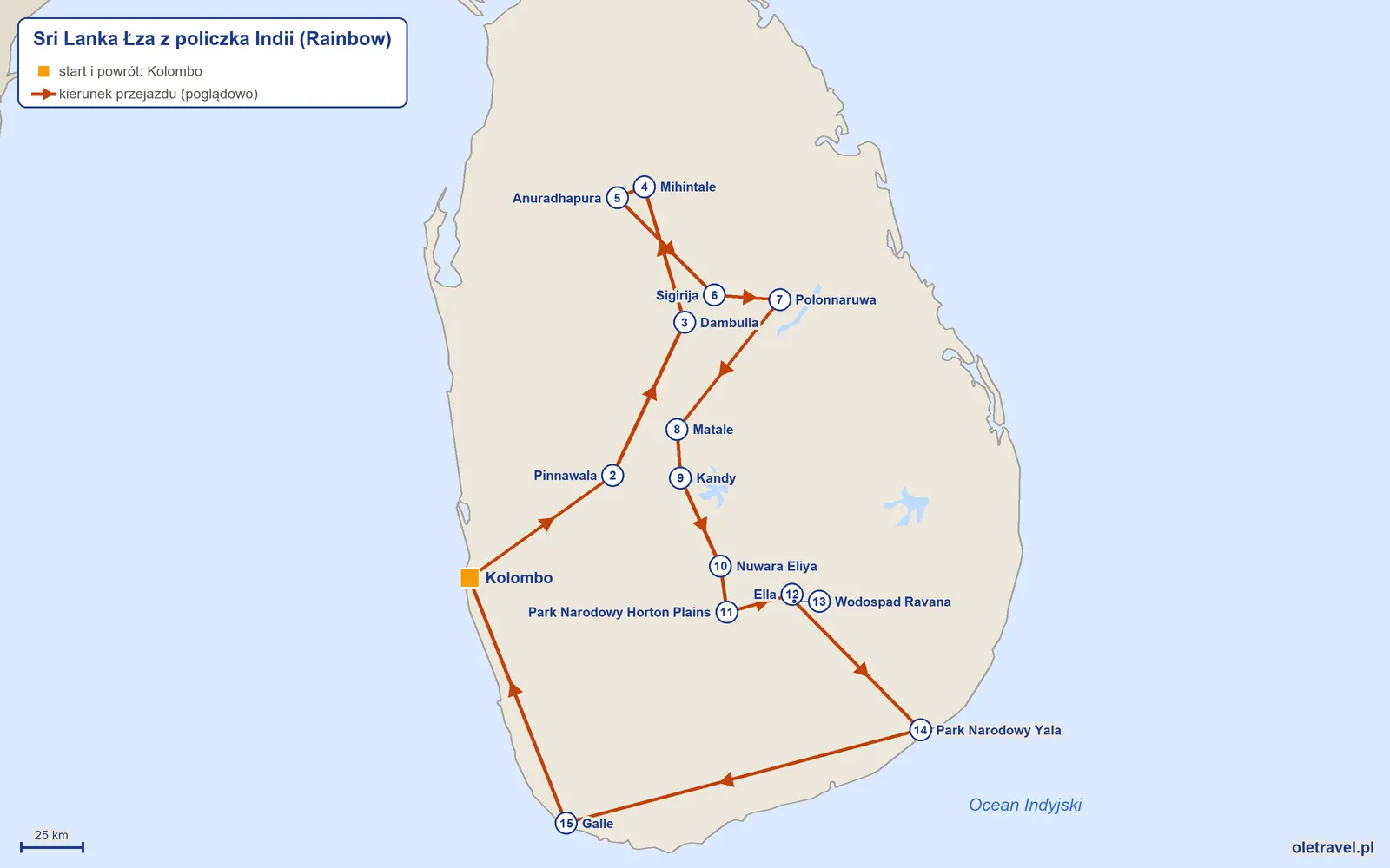 Mapa trasy wycieczki „Sri Lanka Łza z policzka Indii” z Rainbow: Kolombo – Pinnawala – Dambulla – Mihintale – Anuradhapura – Sigirija – Polonnaruwa – Matale – Kandy – Nuwara Eliya – Park Narodowy Horton Plains – Ella – Wodospad Ravana – Park Narodowy Yala – Galle – Kolombo