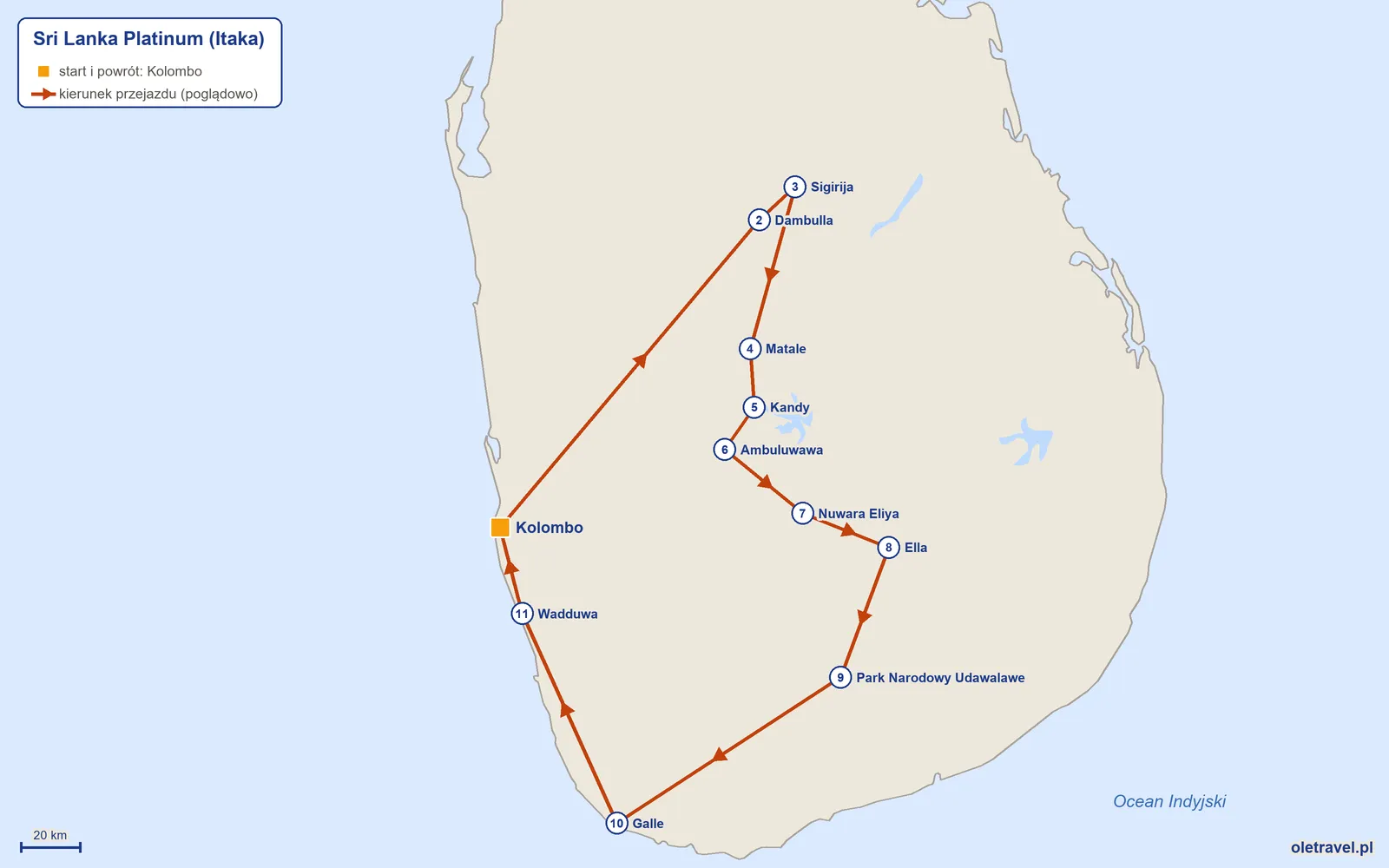 Mapa trasy wycieczki „Sri Lanka Platinum” z Itaką: Kolombo – Dambulla – Sigirija – Matale – Kandy – Ambuluwawa – Nuwara Eliya – Ella – Park Narodowy Udawalawe – Galle – Wadduwa – Kolombo