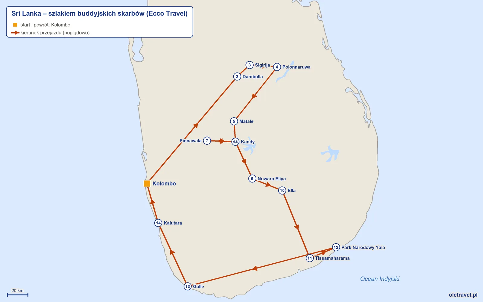 Mapa trasy wycieczki „Sri Lanka – szlakiem buddyjskich skarbów” z Ecco Travel: Kolombo – Dambulla – Sigirija – Polonnaruwa – Matale – Kandy – Pinnawala – Kandy – Nuwara Eliya – Ella – Tissamaharama – Park Narodowy Yala – Galle – Kalutara – Kolombo
