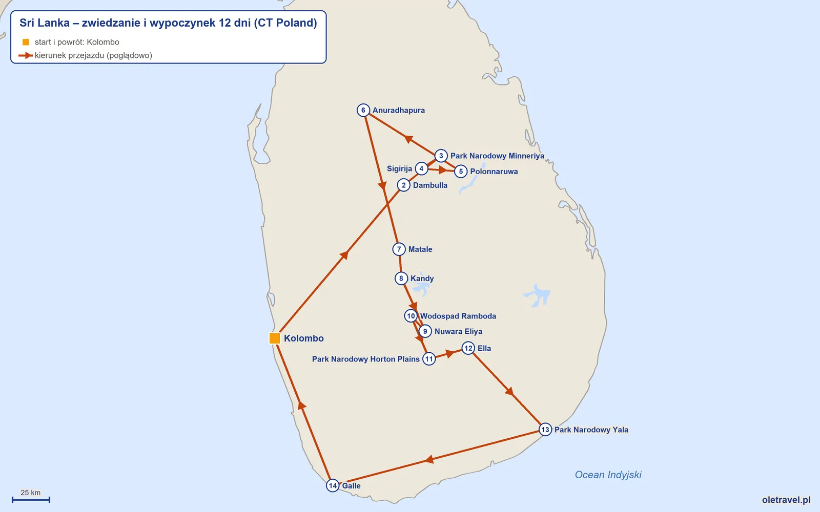 Mapa trasy wycieczki „Sri Lanka – zwiedzanie i wypoczynek 12 dni” z CT Poland: Kolombo – Dambulla – Park Narodowy Minneriya – Sigirija – Polonnaruwa – Anuradhapura – Matale – Kandy – Nuwara Eliya – Wodospad Ramboda – Park Narodowy Horton Plains – Ella – Park Narodowy Yala – Galle – Kolombo