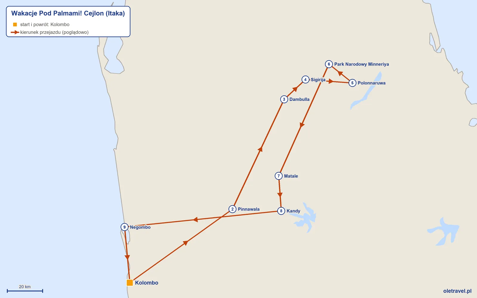 Mapa trasy wycieczki „Wakacje Pod Palmami! Cejlon” z Itaką: Kolombo – Pinnawala – Dambulla – Sigirija – Polonnaruwa – Park Narodowy Minneriya – Matale – Kandy – Negombo – Kolombo