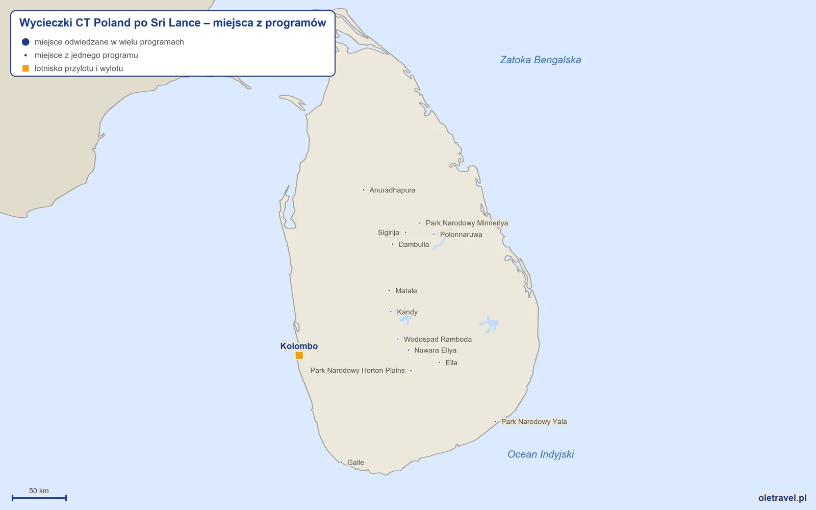 Mapa: Sri Lanka z miejscami z programów wycieczek objazdowych CT Poland