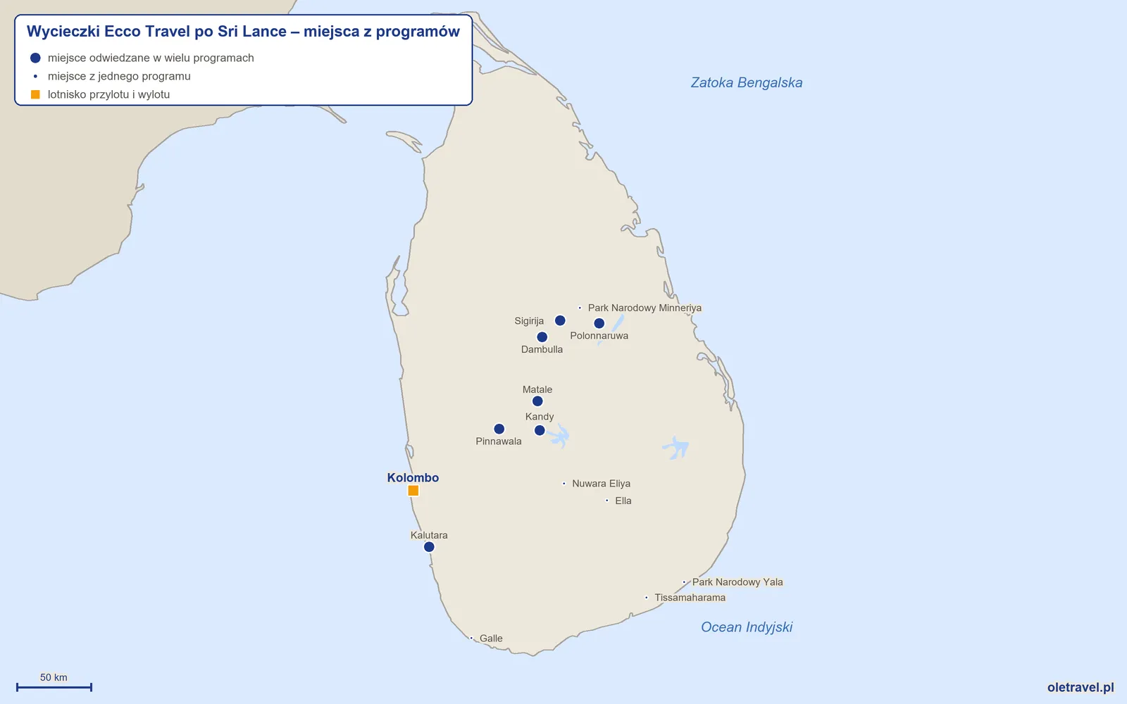 Mapa: Sri Lanka z miejscami z programów wycieczek objazdowych Ecco Travel