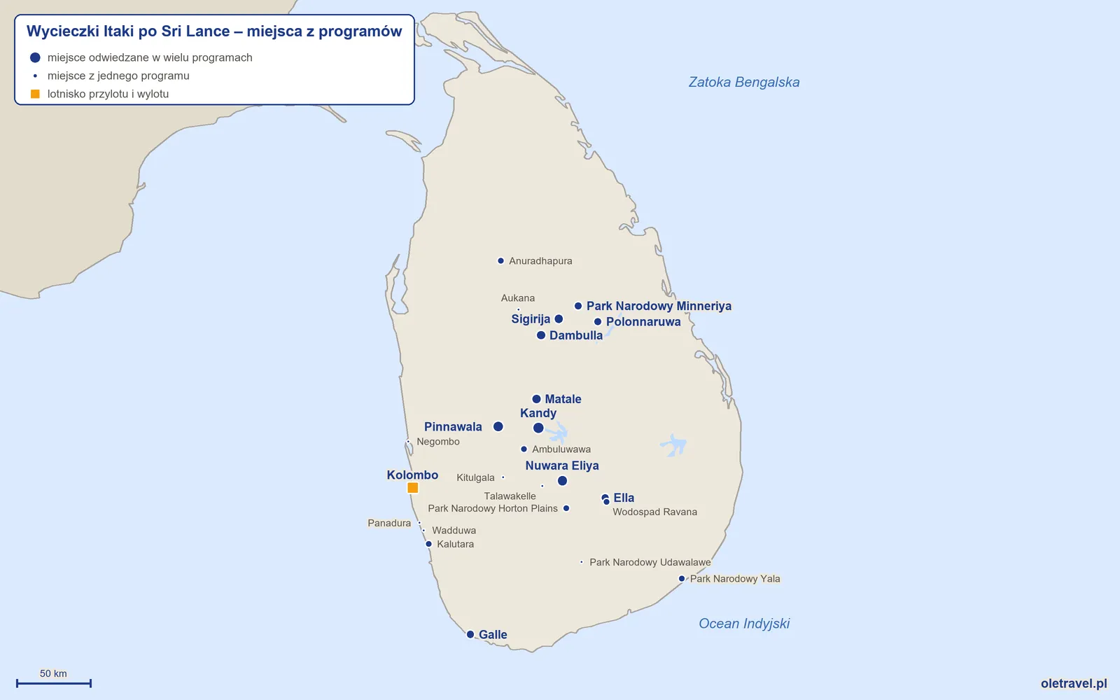 Mapa: Sri Lanka z miejscami z programów wycieczek objazdowych Itaki