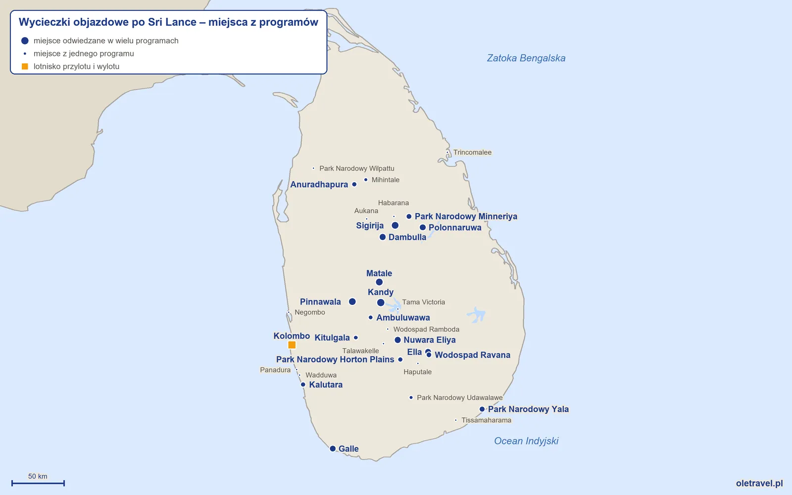 Mapa: Sri Lanka z miejscami odwiedzanymi na wycieczkach objazdowych z naszej oferty