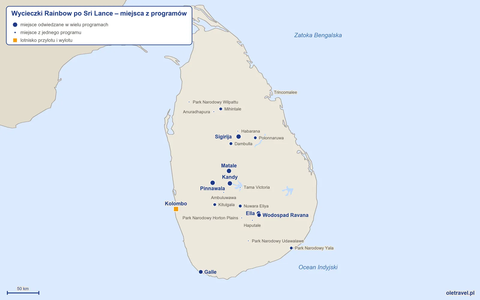 Mapa: Sri Lanka z miejscami z programów wycieczek objazdowych Rainbow