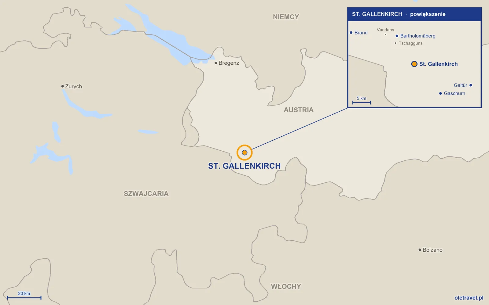 Mapa Austrii z zaznaczonym położeniem: St. Gallenkirch; w powiększeniu okolice z sąsiednimi miejscowościami