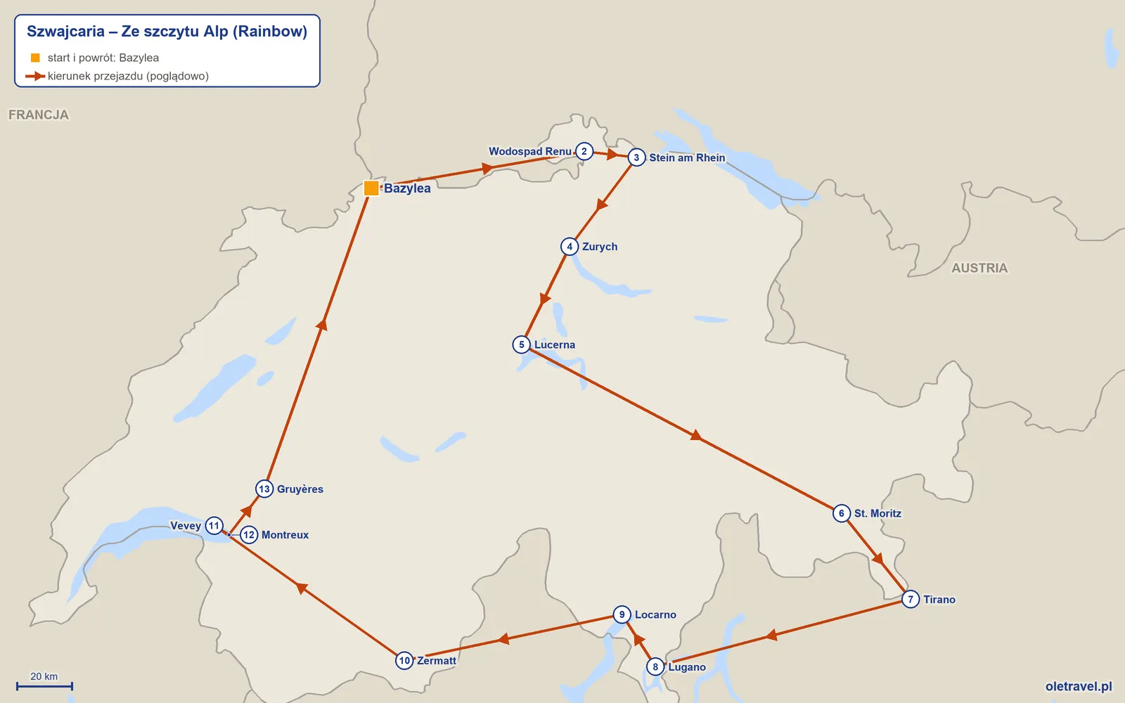 Mapa trasy wycieczki „Szwajcaria – Ze szczytu Alp” z Rainbow: Bazylea – Wodospad Renu – Stein am Rhein – Zurych – Lucerna – St. Moritz – Tirano – Lugano – Locarno – Zermatt – Vevey – Montreux – Gruyères – Bazylea