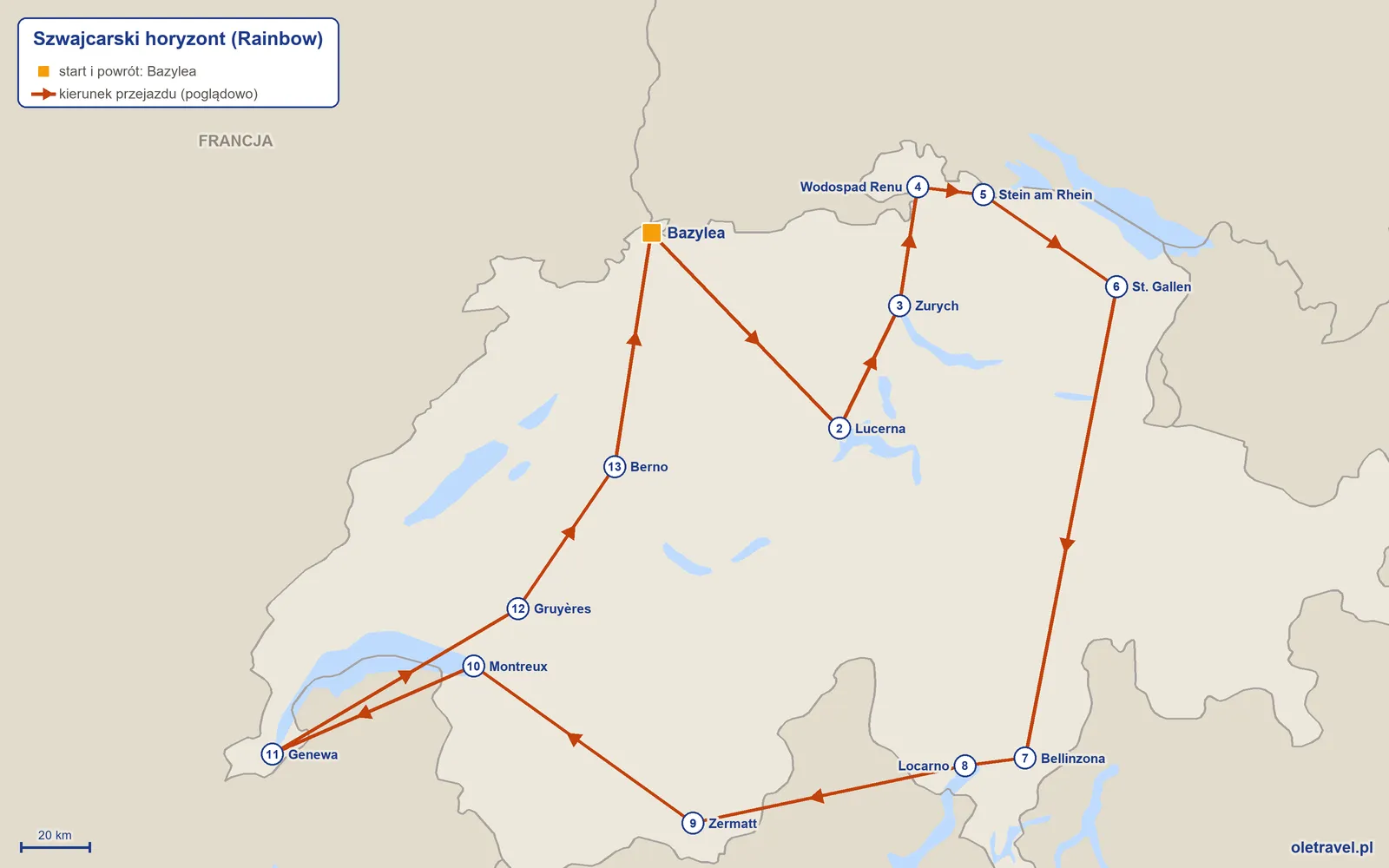 Mapa trasy wycieczki „Szwajcarski horyzont” z Rainbow: Bazylea – Lucerna – Zurych – Wodospad Renu – Stein am Rhein – St. Gallen – Bellinzona – Locarno – Zermatt – Montreux – Genewa – Gruyères – Berno – Bazylea
