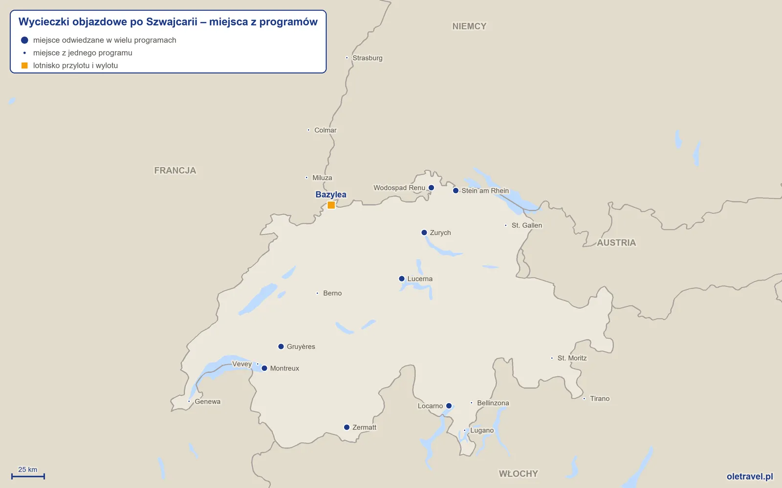 Mapa: Szwajcaria z miejscami odwiedzanymi na wycieczkach objazdowych z naszej oferty
