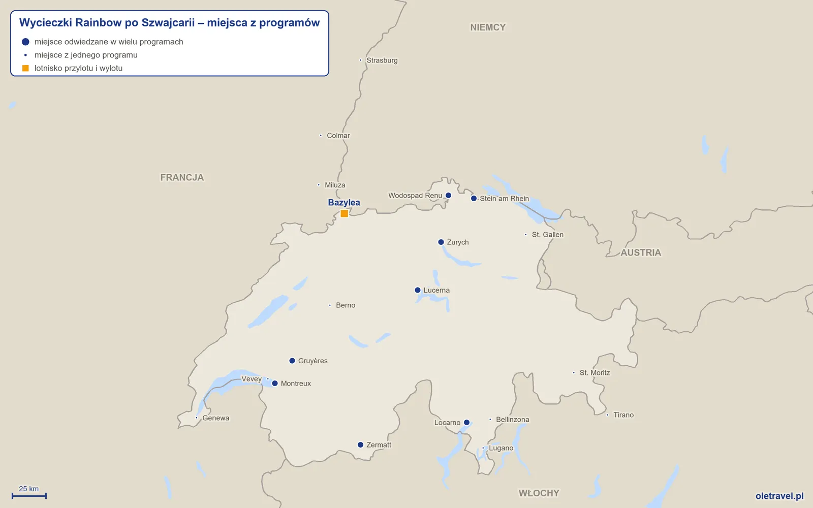 Mapa: Szwajcaria z miejscami z programów wycieczek objazdowych Rainbow