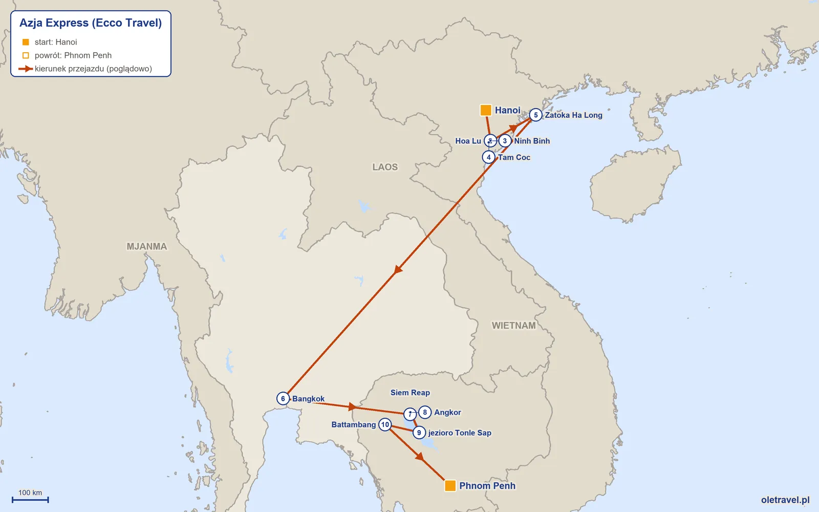 Mapa trasy wycieczki „Azja Express” z Ecco Travel: Hanoi – Hoa Lu – Ninh Binh – Tam Coc – Zatoka Ha Long – Bangkok – Siem Reap – Angkor – jezioro Tonle Sap – Battambang – Phnom Penh