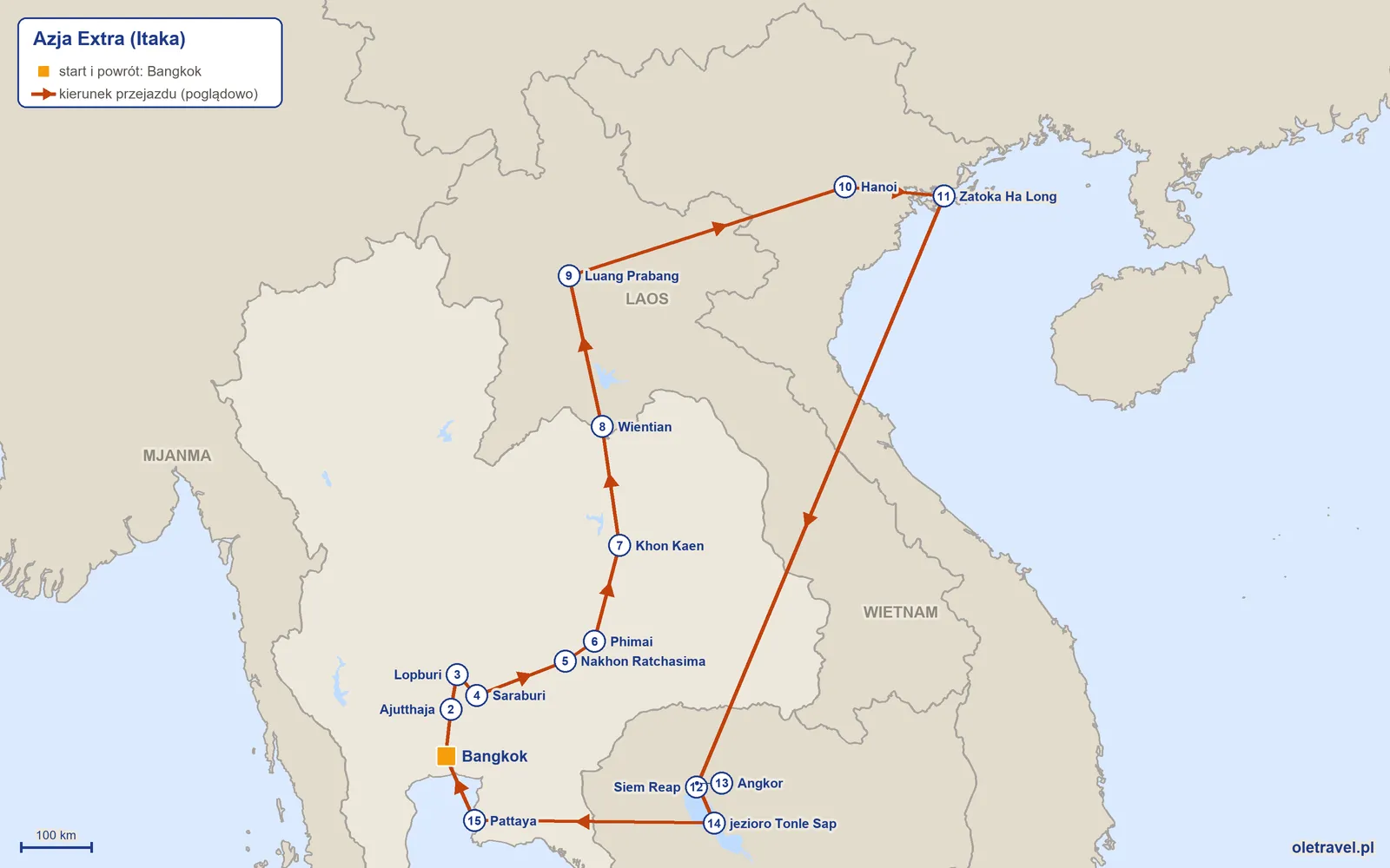 Mapa trasy wycieczki „Azja Extra” z Itaką: Bangkok – Ajutthaja – Lopburi – Saraburi – Nakhon Ratchasima – Phimai – Khon Kaen – Wientian – Luang Prabang – Hanoi – Zatoka Ha Long – Siem Reap – Angkor – jezioro Tonle Sap – Pattaya – Bangkok