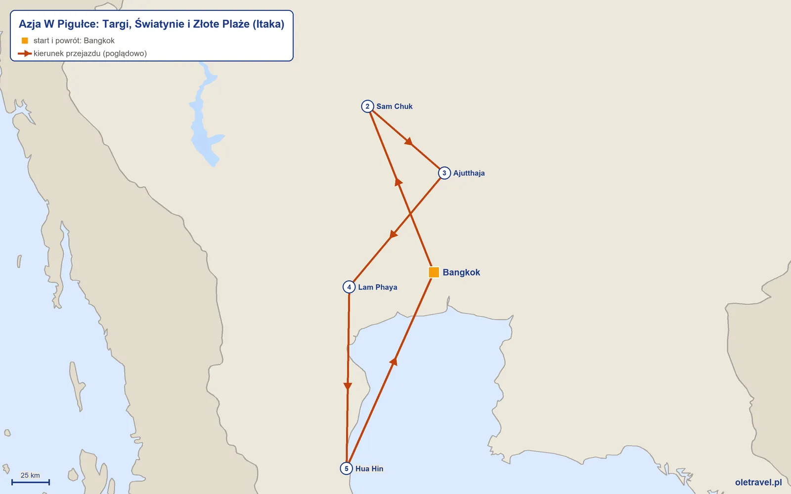 Mapa trasy wycieczki „Azja W Pigułce: Targi, Światynie i Złote Plaże” z Itaką: Bangkok – Sam Chuk – Ajutthaja – Lam Phaya – Hua Hin – Bangkok