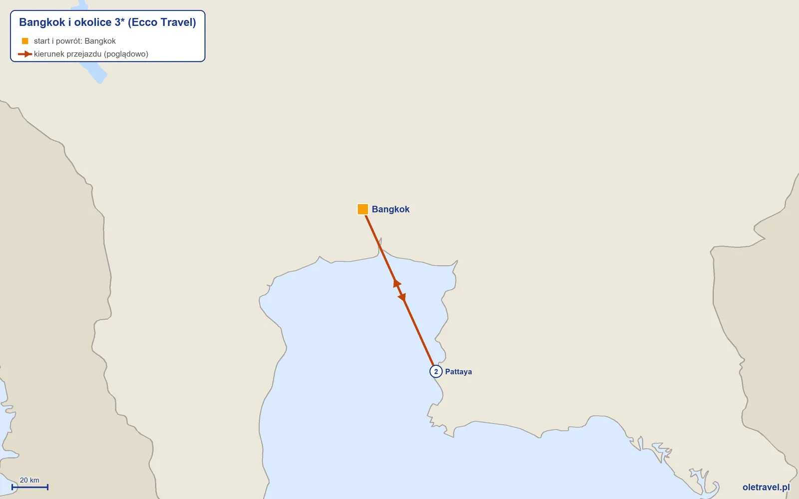Mapa trasy wycieczki „Bangkok i okolice 3*” z Ecco Travel: Bangkok – Pattaya – Bangkok