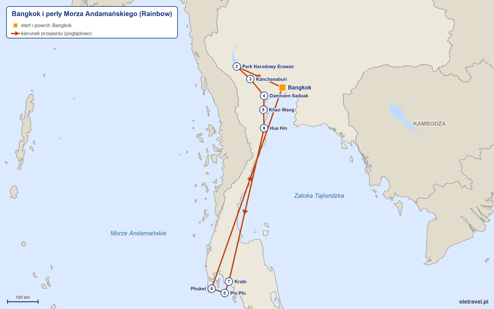 Mapa trasy wycieczki „Bangkok i perły Morza Andamańskiego” z Rainbow: Bangkok – Park Narodowy Erawan – Kanchanaburi – Damnoen Saduak – Khao Wang – Hua Hin – Krabi – Phi Phi – Phuket – Bangkok