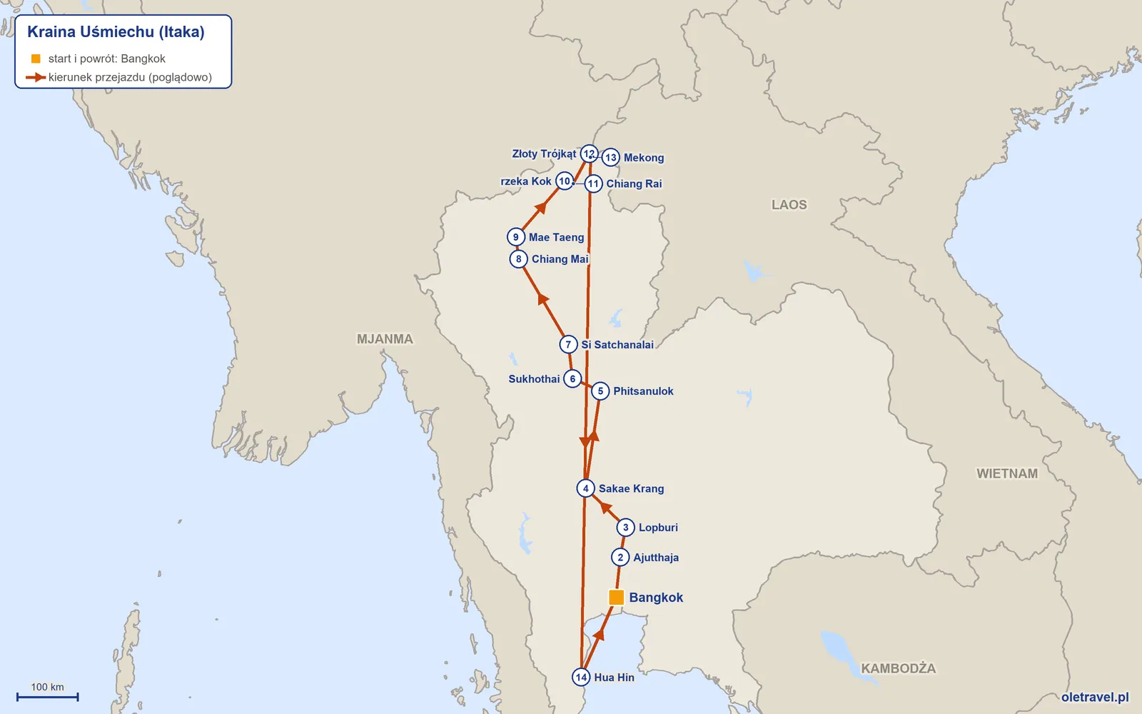 Mapa trasy wycieczki „Kraina Uśmiechu” z Itaką: Bangkok – Ajutthaja – Lopburi – Sakae Krang – Phitsanulok – Sukhothai – Si Satchanalai – Chiang Mai – Mae Taeng – rzeka Kok – Chiang Rai – Złoty Trójkąt – Mekong – Hua Hin – Bangkok