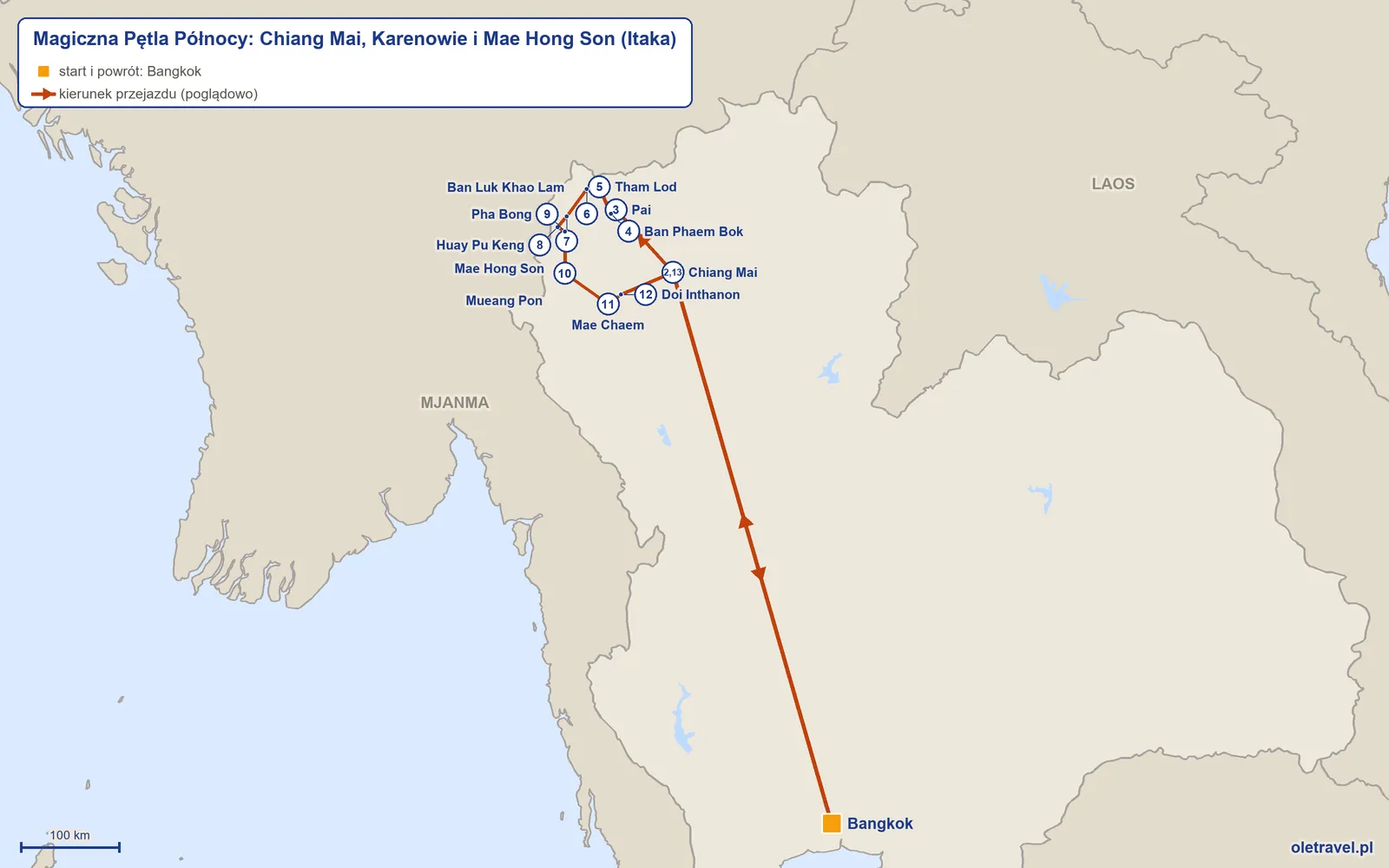 Mapa trasy wycieczki „Magiczna Pętla Północy: Chiang Mai, Karenowie i Mae Hong Son” z Itaką: Bangkok – Chiang Mai – Pai – Ban Phaem Bok – Tham Lod – Ban Luk Khao Lam – Mae Hong Son – Huay Pu Keng – Pha Bong – Mueang Pon – Mae Chaem – Doi Inthanon – Chiang Mai – Bangkok
