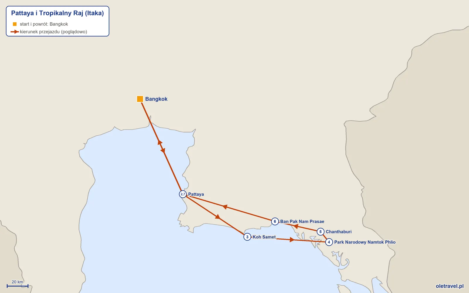 Mapa trasy wycieczki „Pattaya i Tropikalny Raj” z Itaką: Bangkok – Pattaya – Koh Samet – Park Narodowy Namtok Phlio – Chanthaburi – Ban Pak Nam Prasae – Pattaya – Bangkok