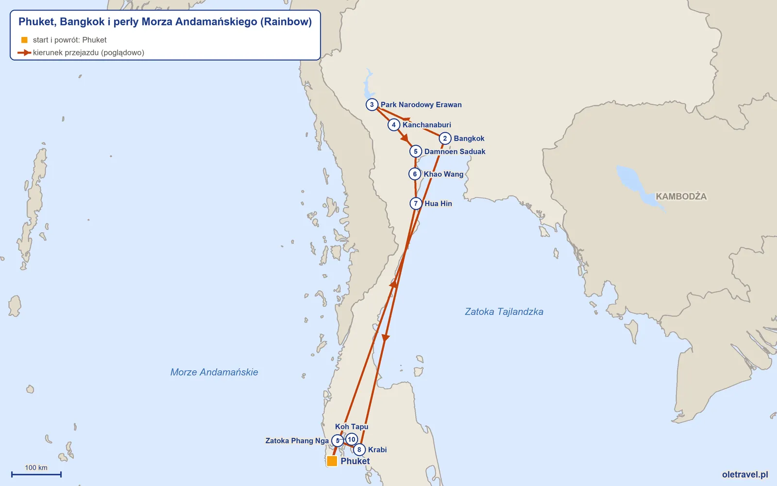 Mapa trasy wycieczki „Phuket, Bangkok i perły Morza Andamańskiego” z Rainbow: Phuket – Bangkok – Park Narodowy Erawan – Kanchanaburi – Damnoen Saduak – Khao Wang – Hua Hin – Krabi – Zatoka Phang Nga – Koh Tapu – Phuket