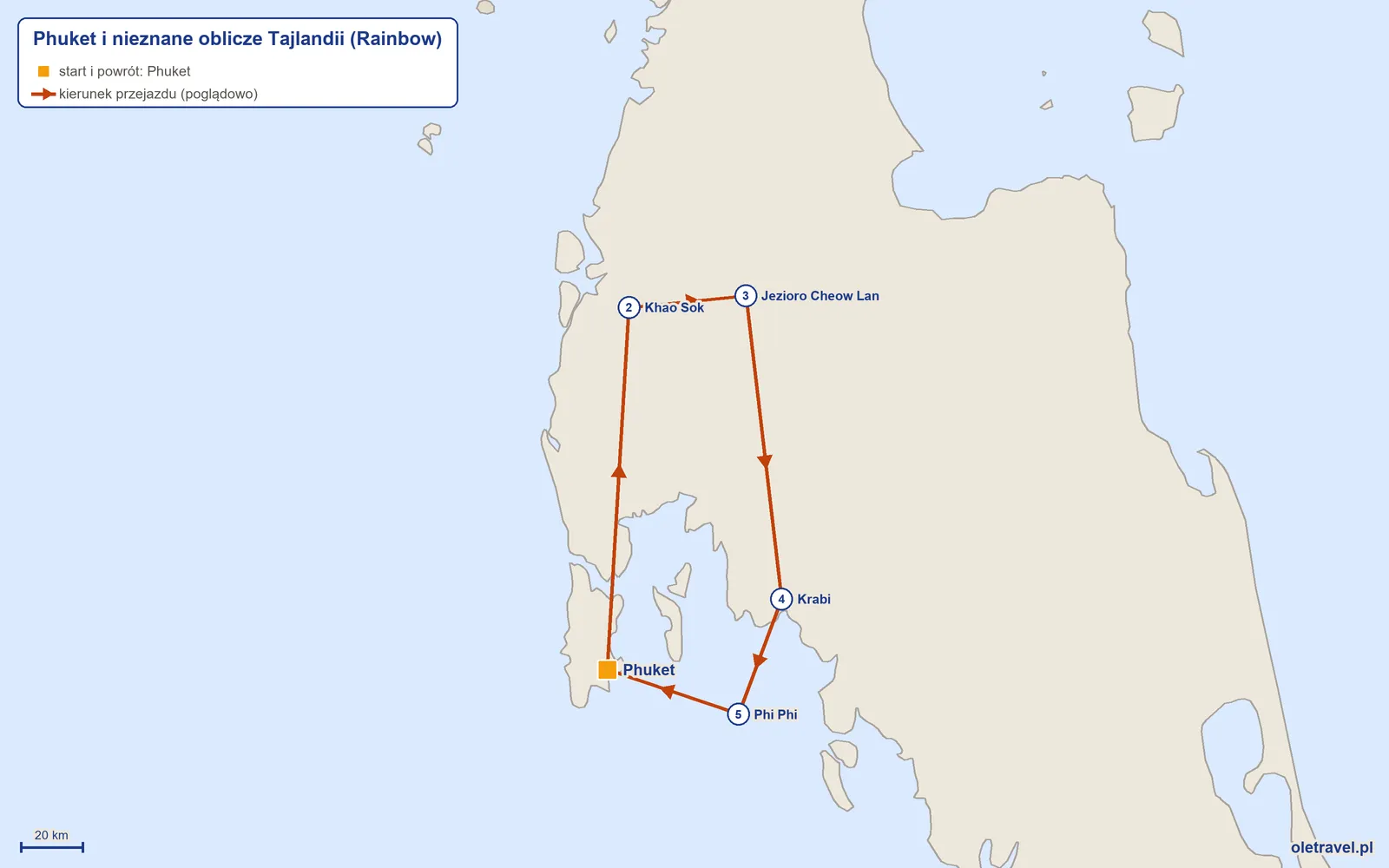 Mapa trasy wycieczki „Phuket i nieznane oblicze Tajlandii” z Rainbow: Phuket – Khao Sok – Jezioro Cheow Lan – Krabi – Phi Phi – Phuket