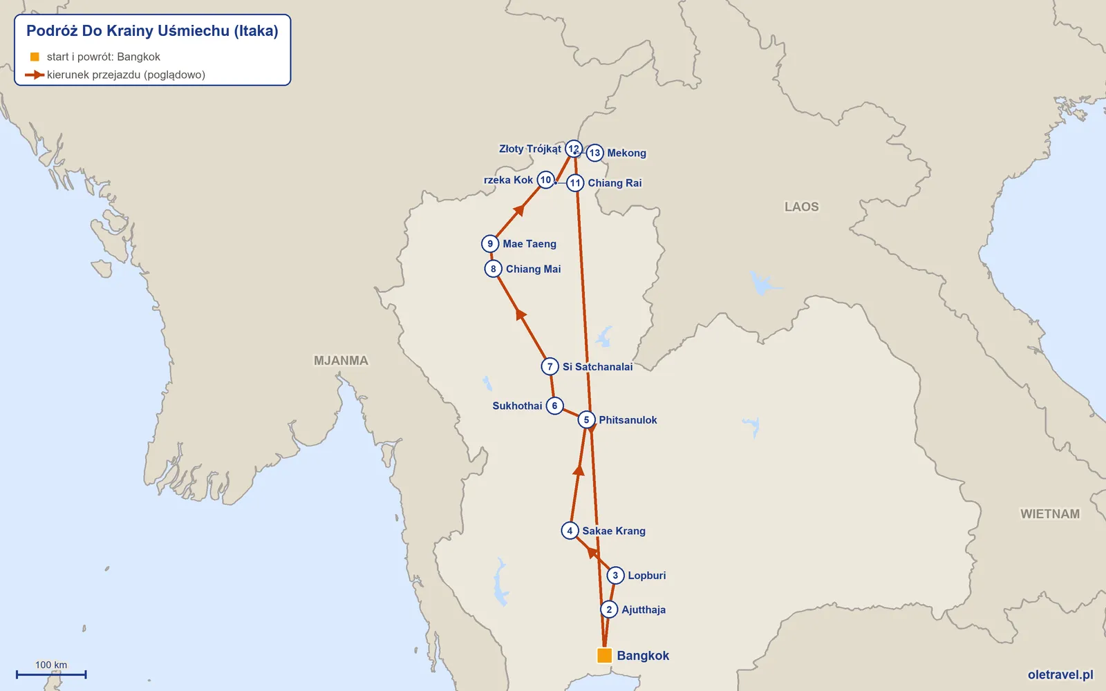 Mapa trasy wycieczki „Podróż Do Krainy Uśmiechu” z Itaką: Bangkok – Ajutthaja – Lopburi – Sakae Krang – Phitsanulok – Sukhothai – Si Satchanalai – Chiang Mai – Mae Taeng – rzeka Kok – Chiang Rai – Złoty Trójkąt – Mekong – Bangkok