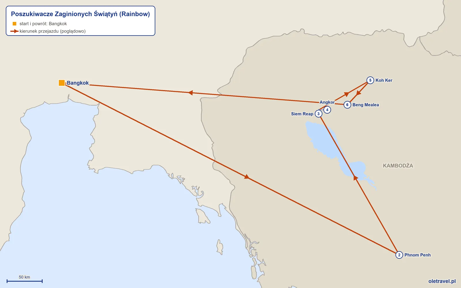 Mapa trasy wycieczki „Poszukiwacze Zaginionych Świątyń” z Rainbow: Bangkok – Phnom Penh – Siem Reap – Angkor – Koh Ker – Beng Mealea – Bangkok