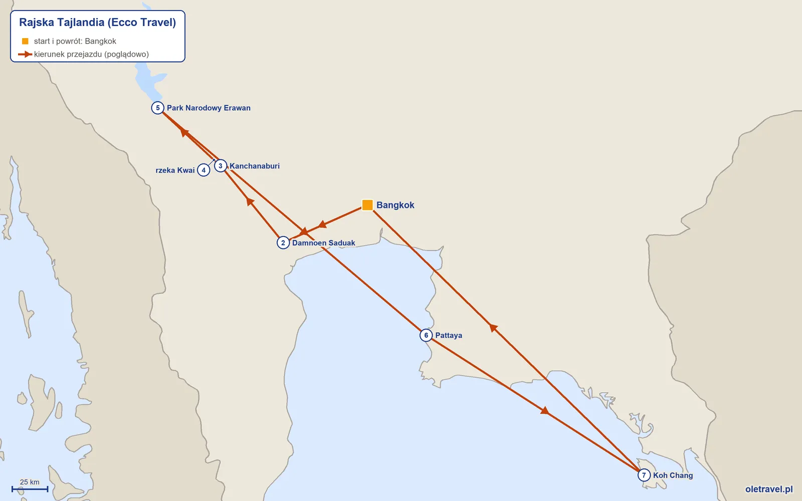 Mapa trasy wycieczki „Rajska Tajlandia” z Ecco Travel: Bangkok – Damnoen Saduak – Kanchanaburi – rzeka Kwai – Park Narodowy Erawan – Pattaya – Koh Chang – Bangkok