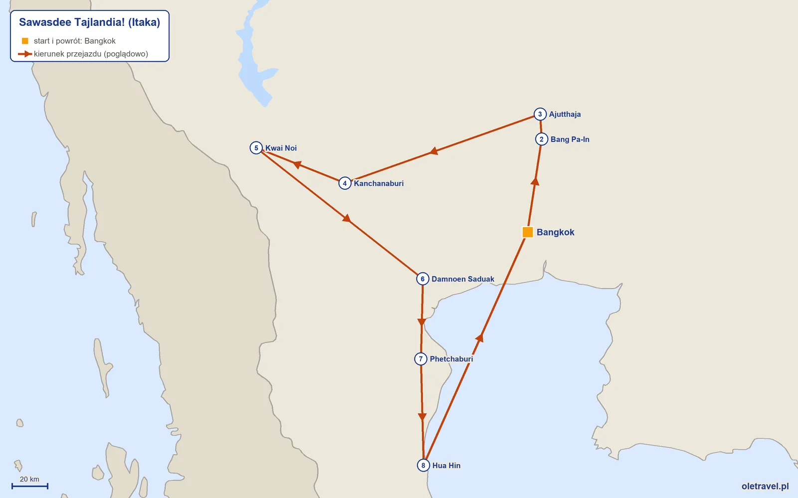 Mapa trasy wycieczki „Sawasdee Tajlandia!” z Itaką: Bangkok – Bang Pa-In – Ajutthaja – Kanchanaburi – Kwai Noi – Damnoen Saduak – Phetchaburi – Hua Hin – Bangkok