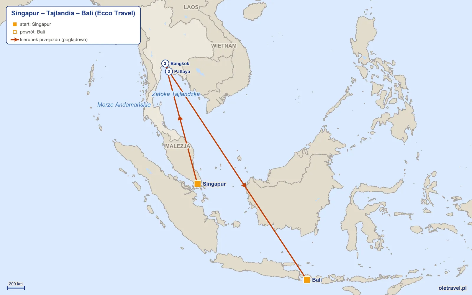 Mapa trasy wycieczki „Singapur – Tajlandia – Bali” z Ecco Travel: Singapur – Bangkok – Pattaya – Bali