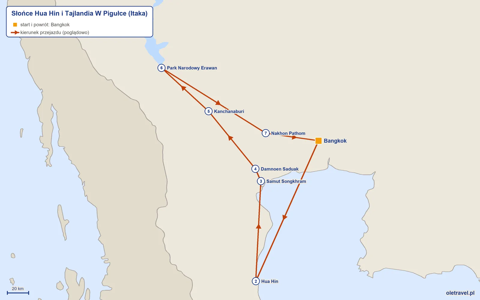 Mapa trasy wycieczki „Słońce Hua Hin i Tajlandia W Pigułce” z Itaką: Bangkok – Hua Hin – Samut Songkhram – Damnoen Saduak – Kanchanaburi – Park Narodowy Erawan – Nakhon Pathom – Bangkok