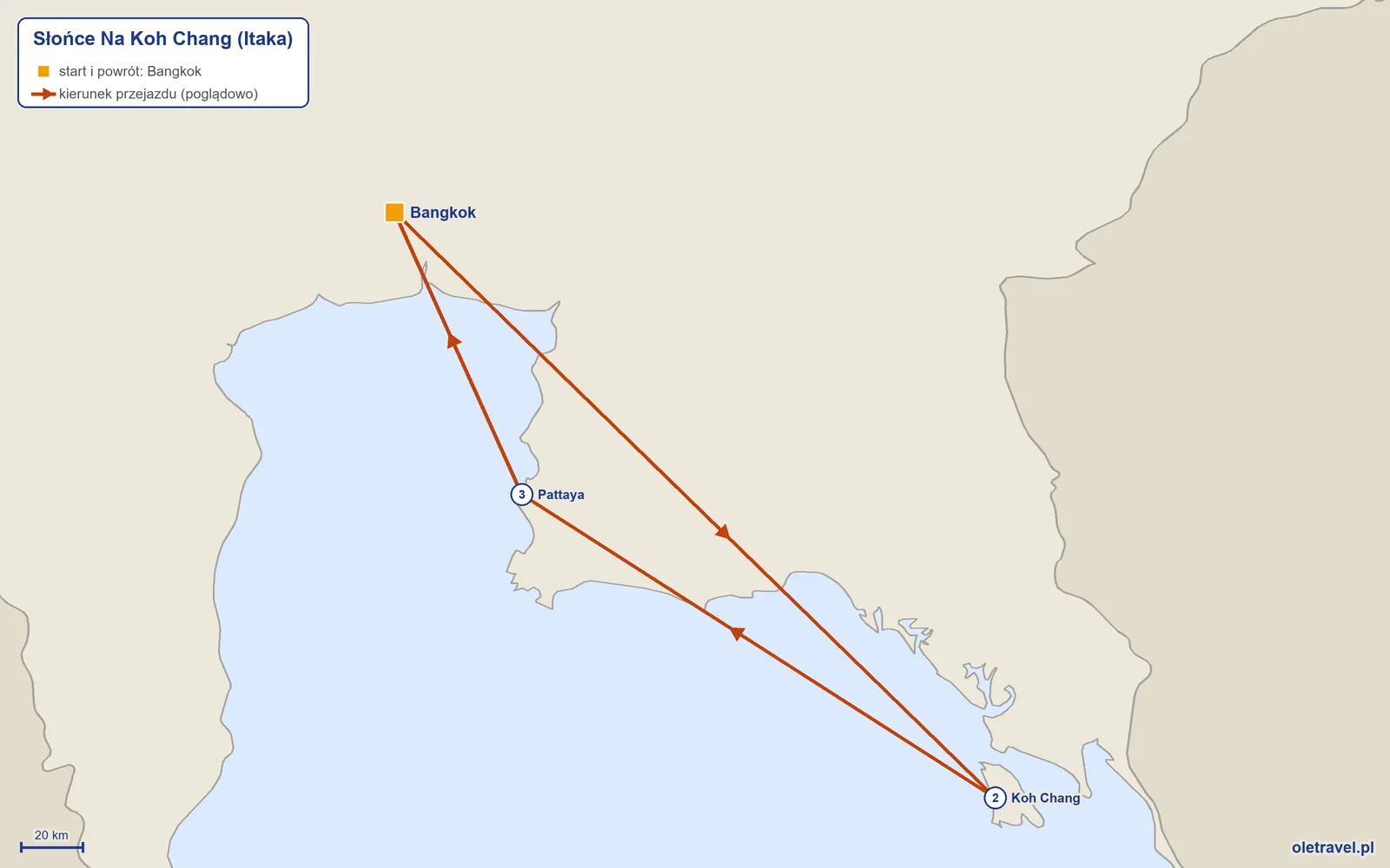 Mapa trasy wycieczki „Słońce Na Koh Chang” z Itaką: Bangkok – Koh Chang – Pattaya – Bangkok