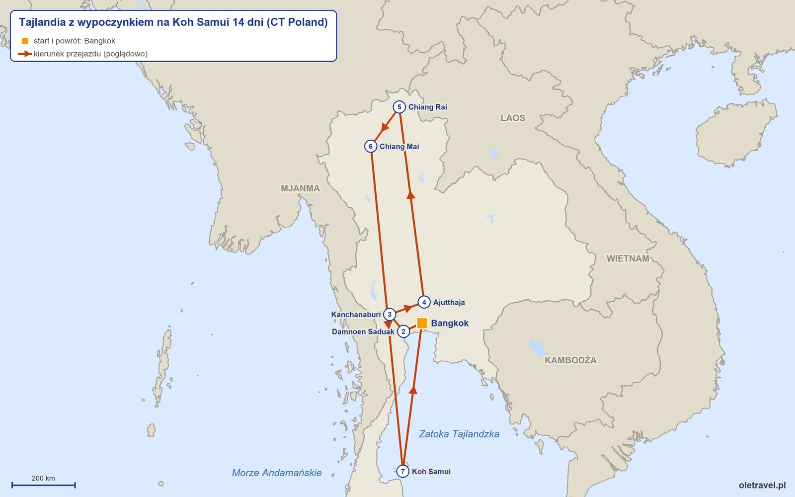 Mapa trasy wycieczki „Tajlandia z wypoczynkiem na Koh Samui 14 dni” z CT Poland: Bangkok – Damnoen Saduak – Kanchanaburi – Ajutthaja – Chiang Rai – Chiang Mai – Koh Samui – Bangkok